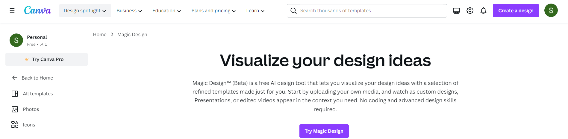Canva's Magic Design page describes Magic Design as a free AI design tool.