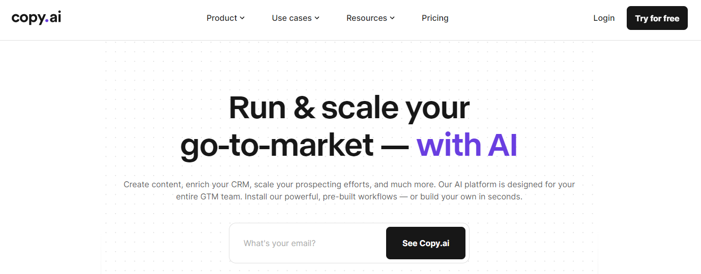 Copy.ai homepage showcasing their AI tool for scaling marketing efforts, emphasising content creation and CRM enhancement.