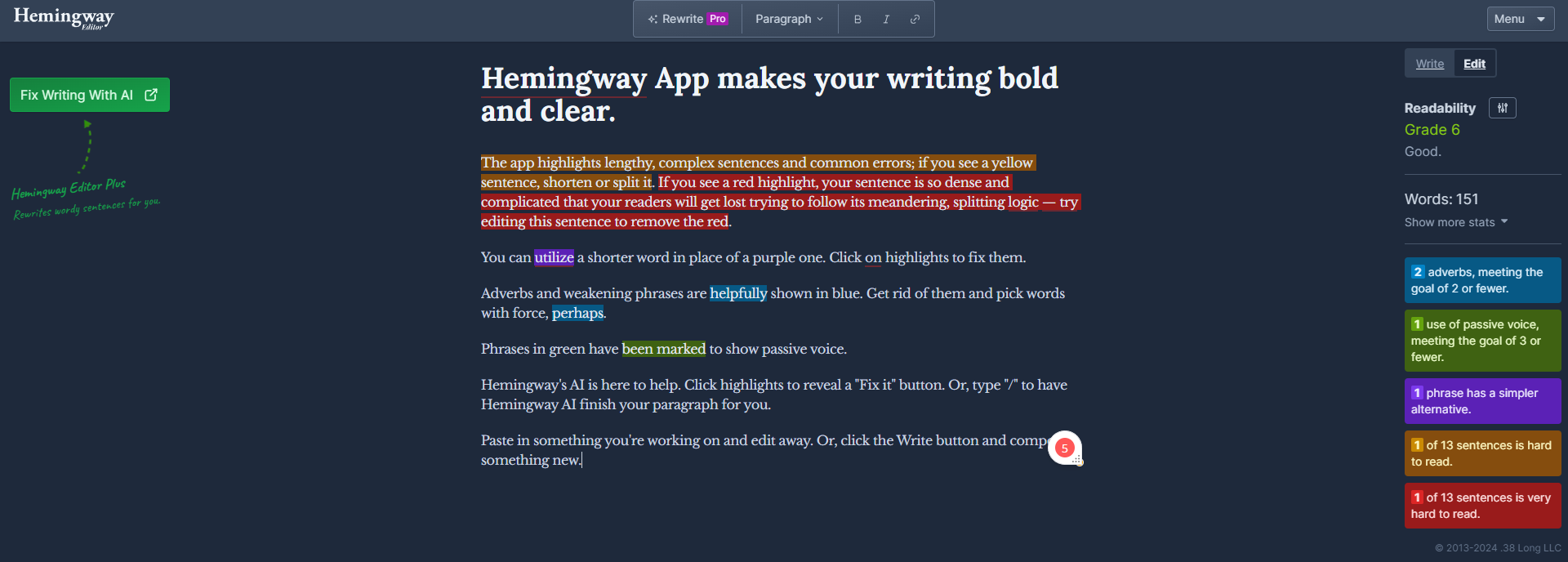Screenshot of the Hemingway Editor interface, an AI tool for enhancing writing clarity.