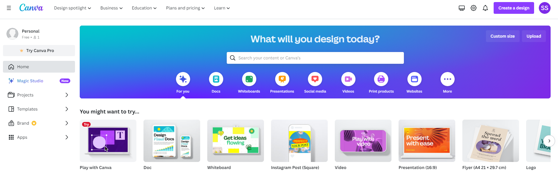 Canva's user interface with a navigation sidebar and a main panel displaying various design options