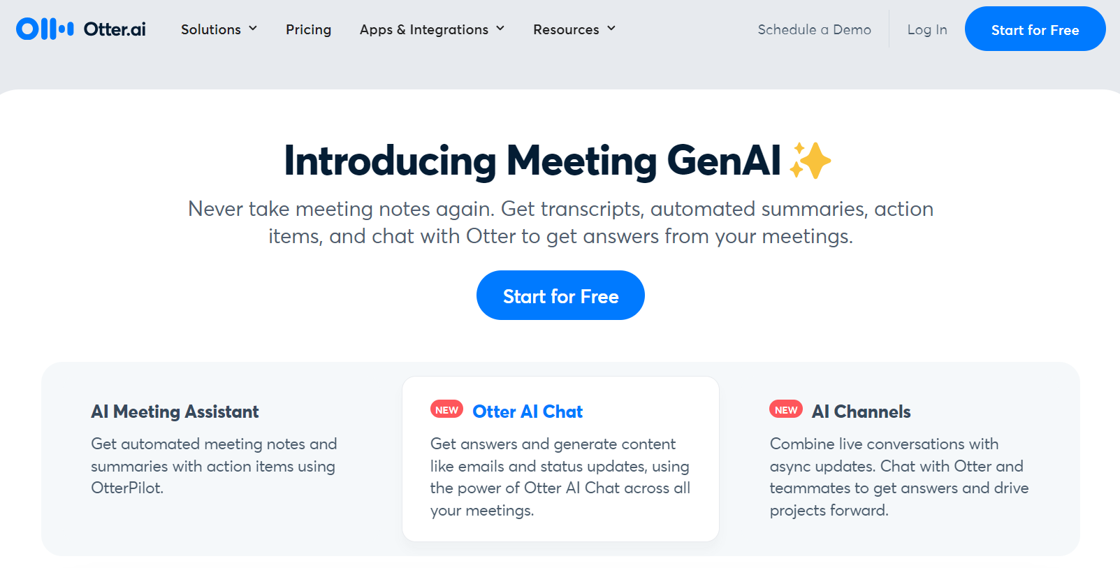 Web page section from Otter.ai introducing 'Meeting GenAI', an AI tool designed to streamline meeting productivity. 