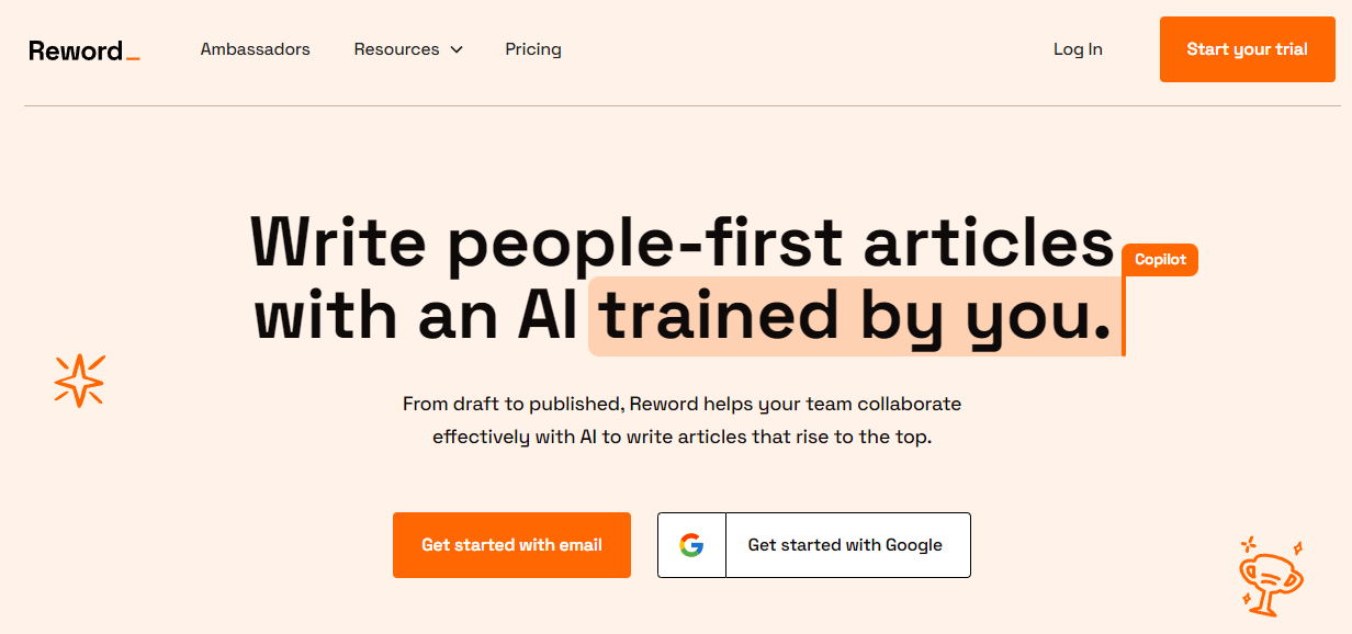 The Reword homepage advertises the ability to write people-first articles with an AI tool that can be trained by the user. 