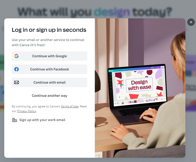 Pop-up window on the Canva website prompting users to log in or sign up