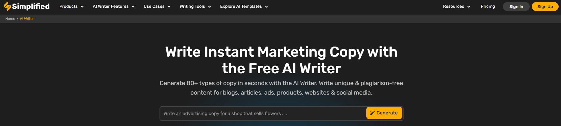 Simplified's webpage featuring 'the Free AI Writer', an AI tool for creating instant marketing copy for various content types.