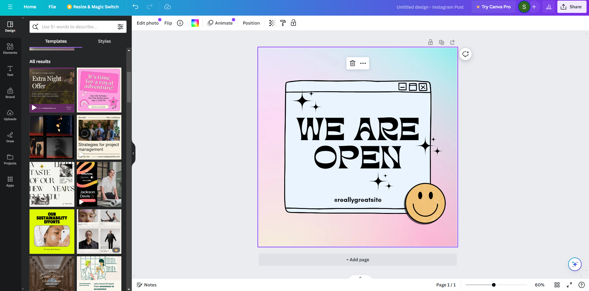 Canva design interface screenshot featuring an Instagram post creation