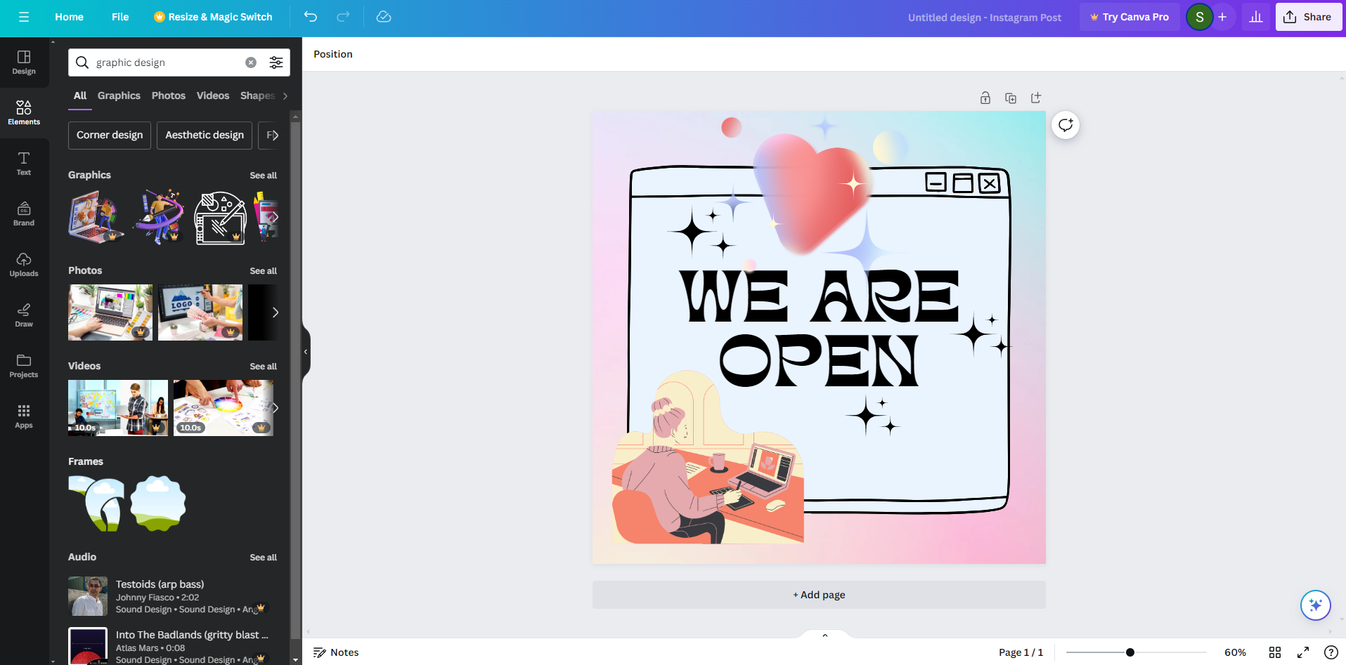 Canva design interface screenshot showing an Instagram post template with a large red heart and the phrase 'WE ARE OPEN' in bold, stylised letters