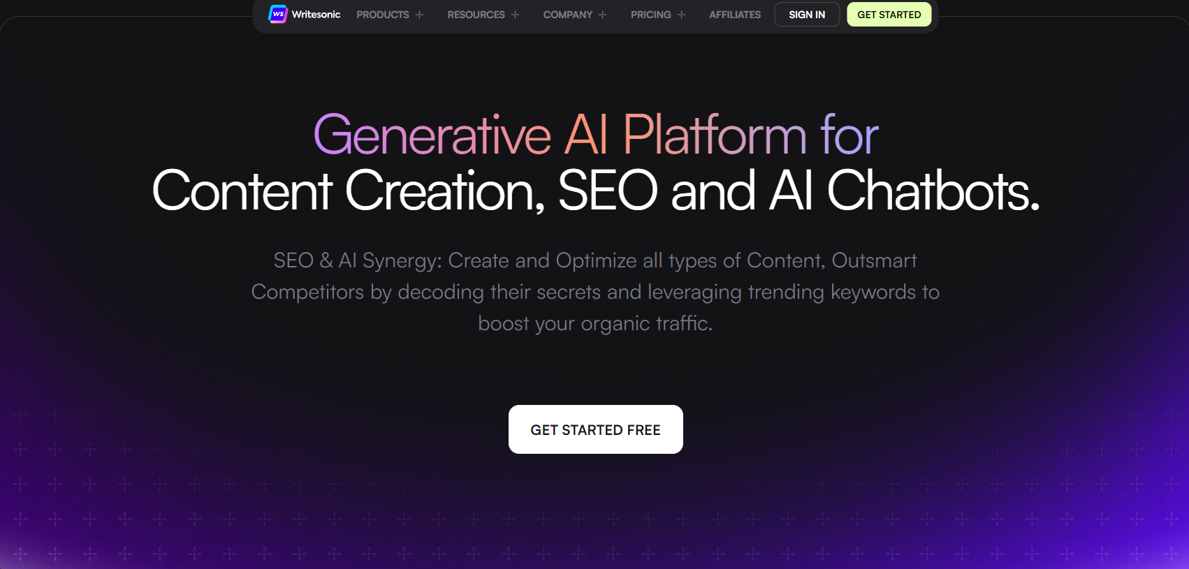 Homepage banner for Writesonic, a key AI tool for digital marketing.