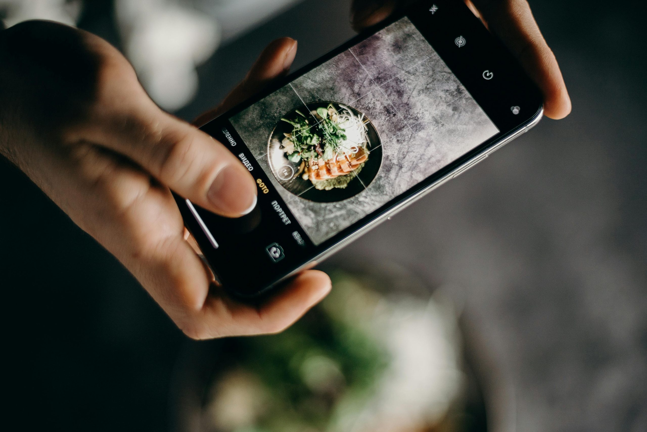 Hands holding a smartphone, capturing a plated gourmet meal through the camera, perfectly applying the rule of thirds for a balanced composition against a dark textured background.