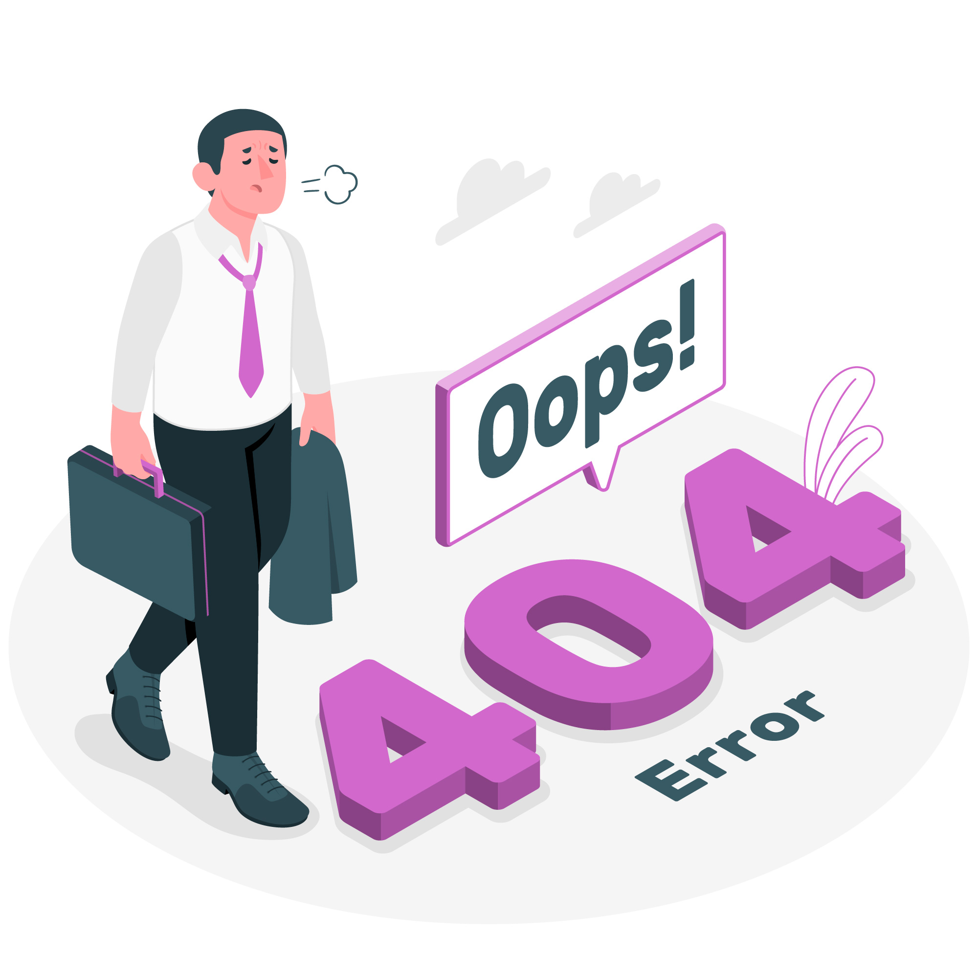 Illustration of a dismayed businessman beside the 'Oops! 404 Error' message. Image by storyseta on Freepik.