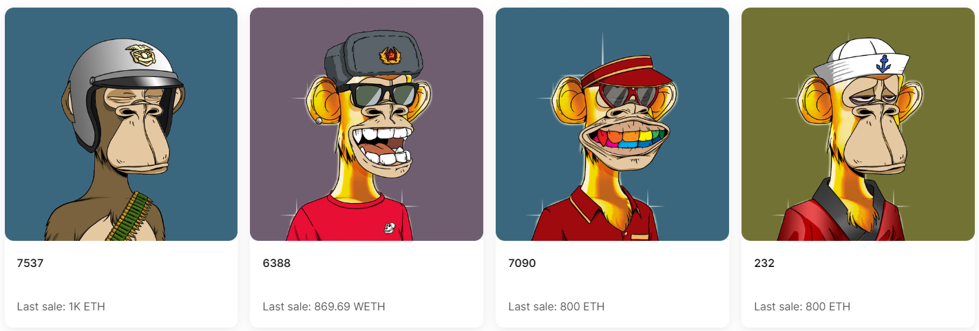 Series of four illustrated NFTs from the Bored Ape Yacht Club collection, each with a unique ape character in various outfits and accessories. Source: Bored Ape Yacht Club.