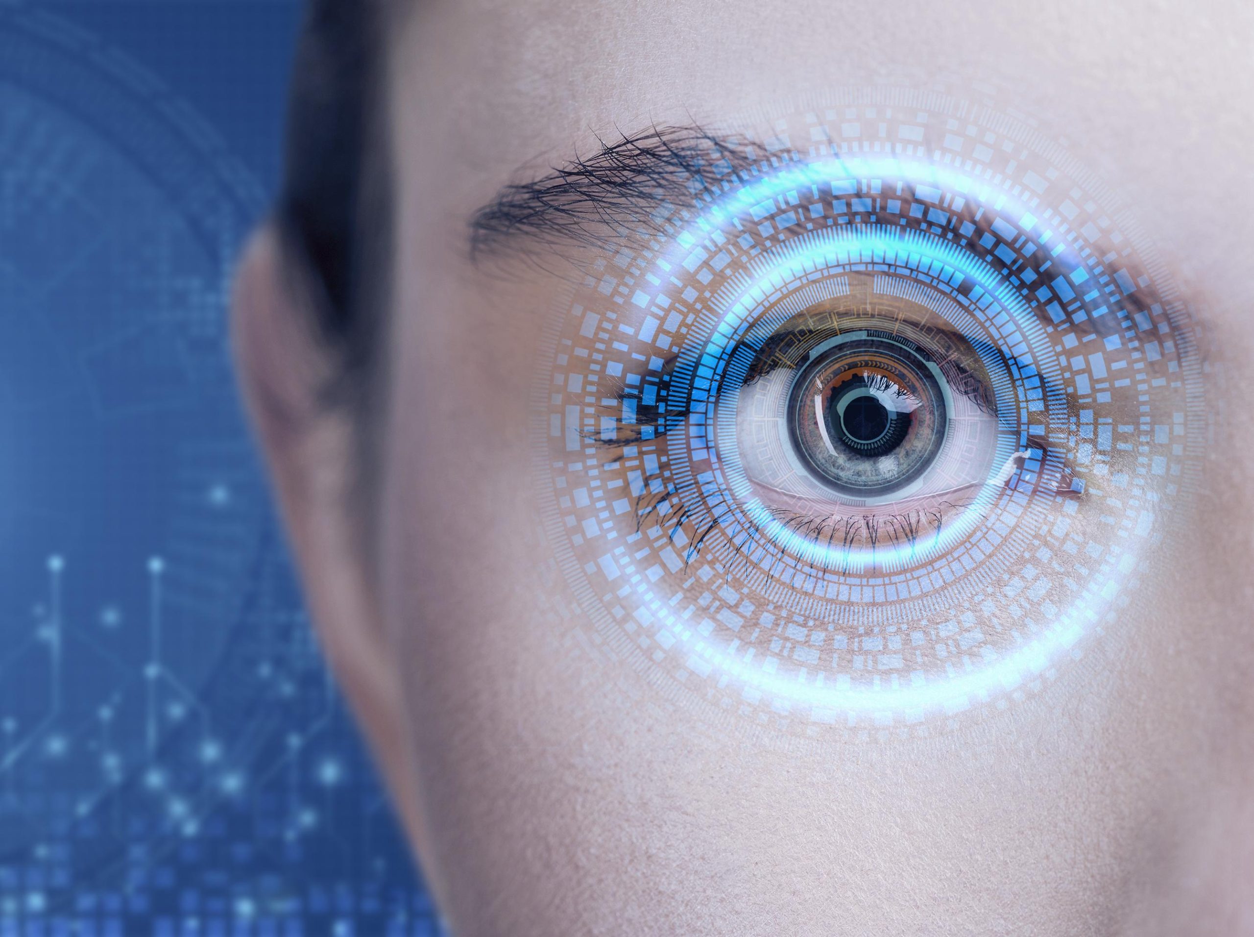 The close-up of the eye with a digital overlay suggests a feature like Optic ID in the Apple Vision Pro. Source: Image by FreePik