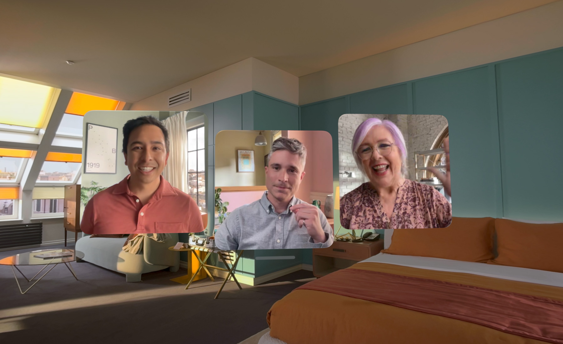 A representation of a FaceTime call using the Apple Vision Pro, where participants are displayed on floating screens within a virtually augmented room. Source: Apple