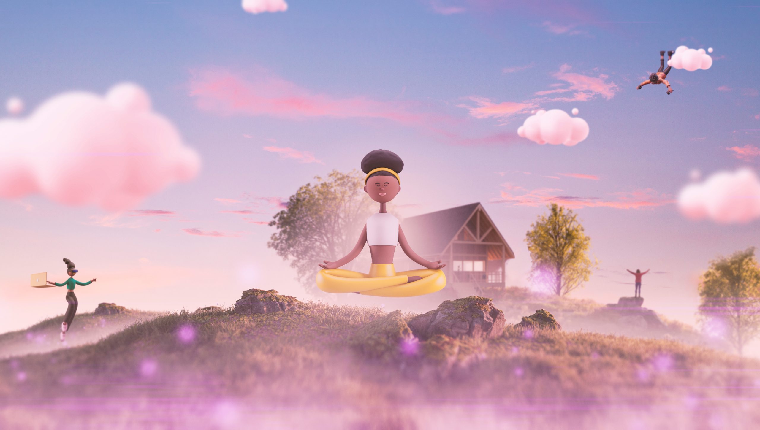 A serene digital illustration of a meditating character floating, with a whimsical backdrop featuring characters performing various activities. Source: Image by Freepik.